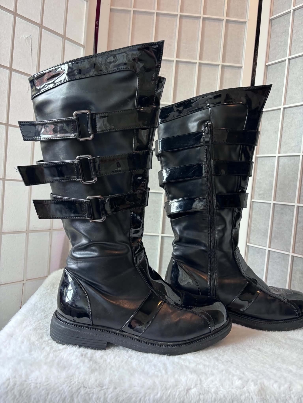 Ellie Black Patent Buckle Strap Tall Boots